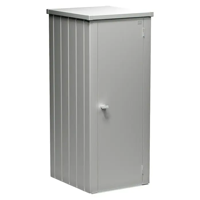 Biohort Julia Geräteschrank - Außenbreite inkl. Dachüberstand: 78 cm, Außentiefe inkl. Dachüberstand: 87 cm, Stahl, Silber Metallic - Ein grauer Geräteschuppen aus Metall mit Tür und Rillenstruktur an der Seite für den Garten. Praktische Aufbewahrungslösung.