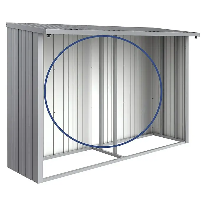 Biohort WoodStock Rückwand - B x H: 2,89 x 1,97 m, Stahl, Quarzgrau Metallic - Abbildung eines Lagerraumschuppens aus Metall, hervorgehoben durch einen blauen Kreis, der die vertikalen Paneele der Struktur hervorhebt.