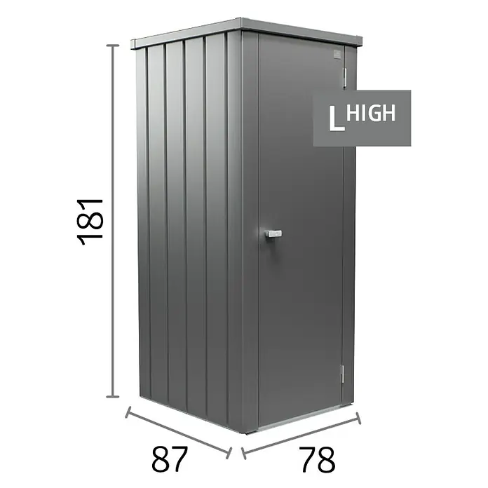 Biohort Julia Geräteschrank - Außenbreite inkl. Dachüberstand: 78 cm, Außentiefe inkl. Dachüberstand: 87 cm, Stahl, Silber Metallic - Bild eines grauen Metall-Gartenschranks mit den Maßen 181 cm Höhe, 87 cm Breite und 78 cm Tiefe.