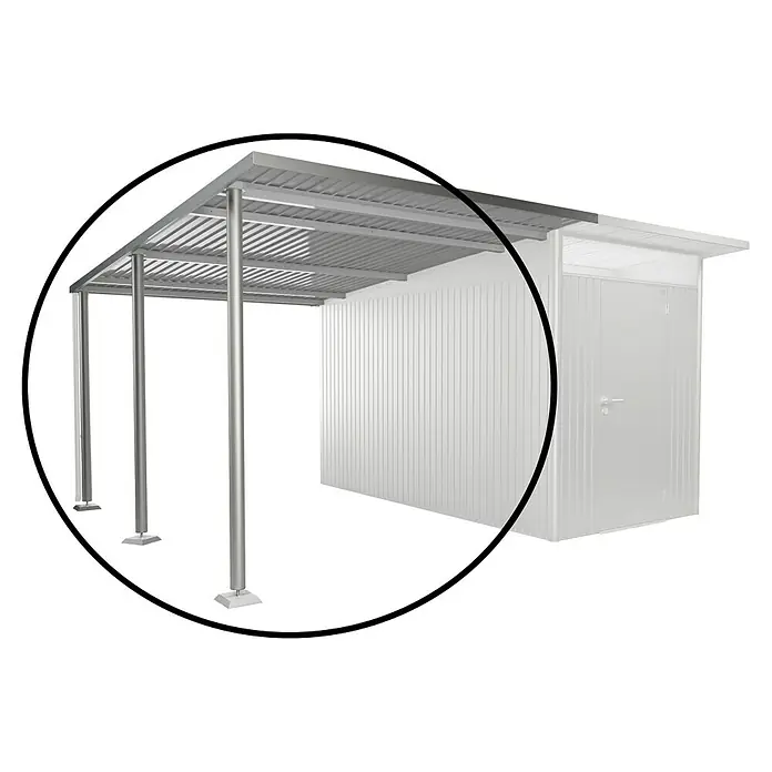 Biohort AvantGarde Seitendach - Passend für: Biohort AvantGarde Gerätehaus A4, A8, L x B x H: 340 x 243 x 222 cm, Silber-Metallic, Stahl - Das Bild zeigt ein Carport mit einem angebauten Geräteschuppen in Silber. Das Carport bietet Schutz für Fahrzeuge und der Schuppen zusätzlichen Stauraum.