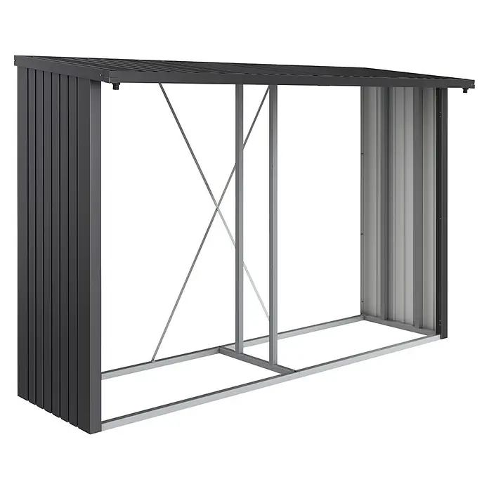 Biohort WoodStock Kaminholzregal - Stahl, Dunkelgrau Metallic, B x T x H: 300,7 x 102 x 199 cm - Eine Lagerbox aus Metall mit einem schrägen Dach zur Aufbewahrung von Gartengeräten und Werkzeugen im Außenbereich.