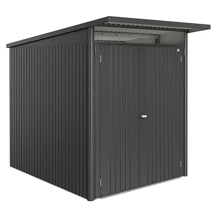 Biohort AvantGarde Gerätehaus Eco A2 - Außenmaß inkl. Dachüberstand (B x T): 180 x 260 cm, Dunkelgrau Metallic, Doppeltür, Stahl - Produktansicht eines modernen Gerätehauses in Anthrazit mit Doppeltür und Vordach. Ideal für die Gartenaufbewahrung.