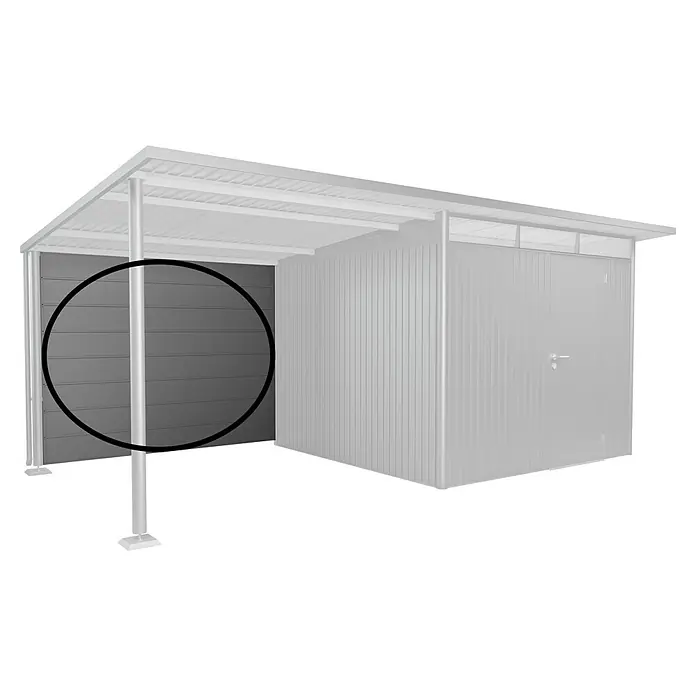 Biohort AvantGarde Rückwand - Passend für: Biohort AvantGarde Seitendach, Quarzgrau-Metallic - Detailansicht einer horizontal verkleideten Wand eines Unterstandes, die durch eine Stützsäule optisch geteilt wird.