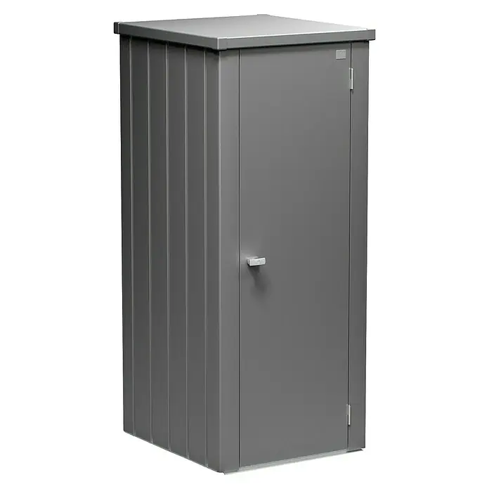 Biohort Julia Geräteschrank - Außenbreite inkl. Dachüberstand: 78 cm, Außentiefe inkl. Dachüberstand: 87 cm, Stahl, Quarzgrau Metallic - Das Bild zeigt einen grauen Metall-Geräteschrank. Der Schrank hat eine Tür und ist ideal für die Aufbewahrung von Gartengeräten und Werkzeugen.