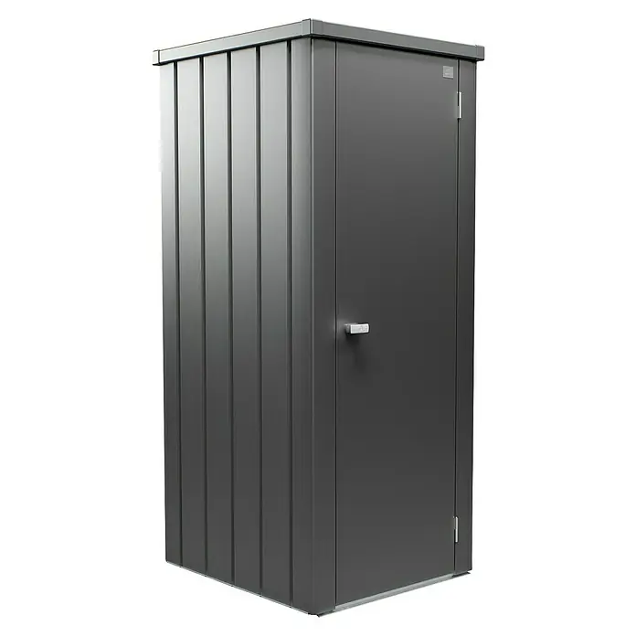 Biohort Julia Geräteschrank - Außenbreite inkl. Dachüberstand: 78 cm, Außentiefe inkl. Dachüberstand: 87 cm, Stahl, Dunkelgrau Metallic - Ein geräumiger Geräteschrank aus robustem Metall, ideal für die Aufbewahrung von Gartengeräten und Werkzeugen im Außenbereich.