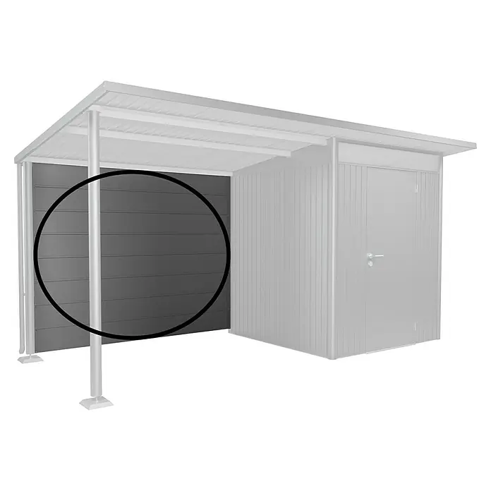 Biohort AvantGarde Rückwand - Passend für: Biohort AvantGarde Seitendach, Quarzgrau-Metallic - Abbildung eines Gerätehauses mit Carport. Die graue Seitenwand ist durch horizontale Linien strukturiert und ein Blickfang.