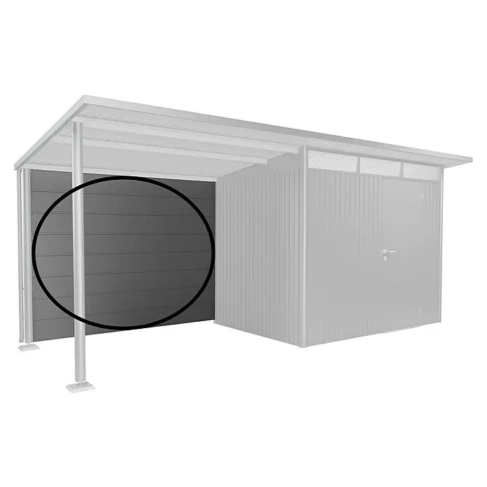 Biohort AvantGarde Rückwand - Passend für: Biohort AvantGarde Seitendach, Quarzgrau-Metallic - Abbildung einer seitlichen Ansicht eines Geräteschuppens mit horizontaler Wandverkleidung, umrandet zur Hervorhebung des Designelements.