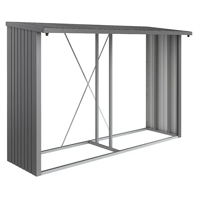 Biohort WoodStock Kaminholzregal - Stahl, Quarzgrau Metallic, B x T x H: 300,7 x 102 x 199 cm - Abbildung eines geräumigen Gerätehauses in modernem Design, ideal für die Gartenaufbewahrung.