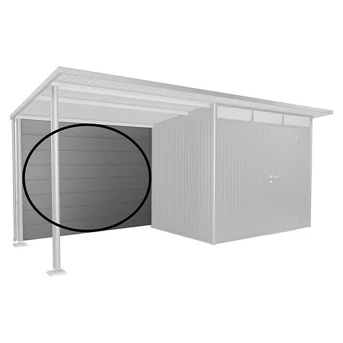 Biohort AvantGarde Rückwand - Passend für: Biohort AvantGarde Seitendach, Quarzgrau-Metallic - Detailansicht der Metall-Gerätehaus-Seitenwand mit horizontaler Paneelstruktur, umrandet für eine bessere Darstellung der Materialbeschaffenheit.