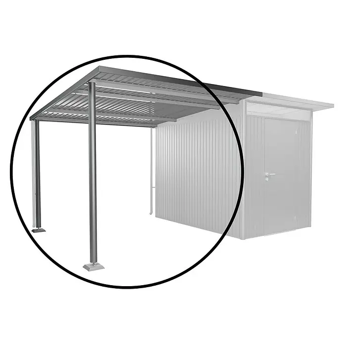 Biohort AvantGarde Seitendach - Passend für: Biohort AvantGarde Gerätehaus A3, A7, L x B x H: 300 x 243 x 218 cm, Quarzgrau-Metallic, Stahl - Abbildung eines Carports mit angrenzendem Schuppen, ideal für die Aufbewahrung und den Schutz von Gegenständen.