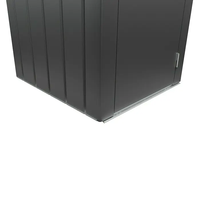 Biohort Julia Geräteschrank - Außenbreite inkl. Dachüberstand: 78 cm, Außentiefe inkl. Dachüberstand: 87 cm, Stahl, Dunkelgrau Metallic - Ansicht eines Metallschranks mit einer Tür mit Griff und silbernem Sockel, ideal für die sichere Aufbewahrung verschiedener Gegenstände.