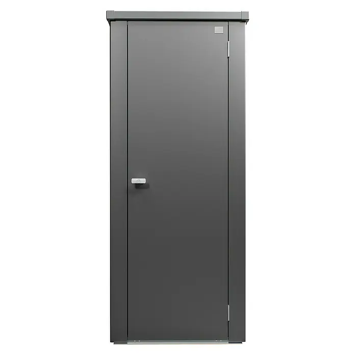 Biohort Julia Geräteschrank - Außenbreite inkl. Dachüberstand: 78 cm, Außentiefe inkl. Dachüberstand: 87 cm, Stahl, Quarzgrau Metallic - Graue Stahltür mit Griff und silbernem Rahmen, ideal für Büros oder Industriegebäude. Robust und sicher.
