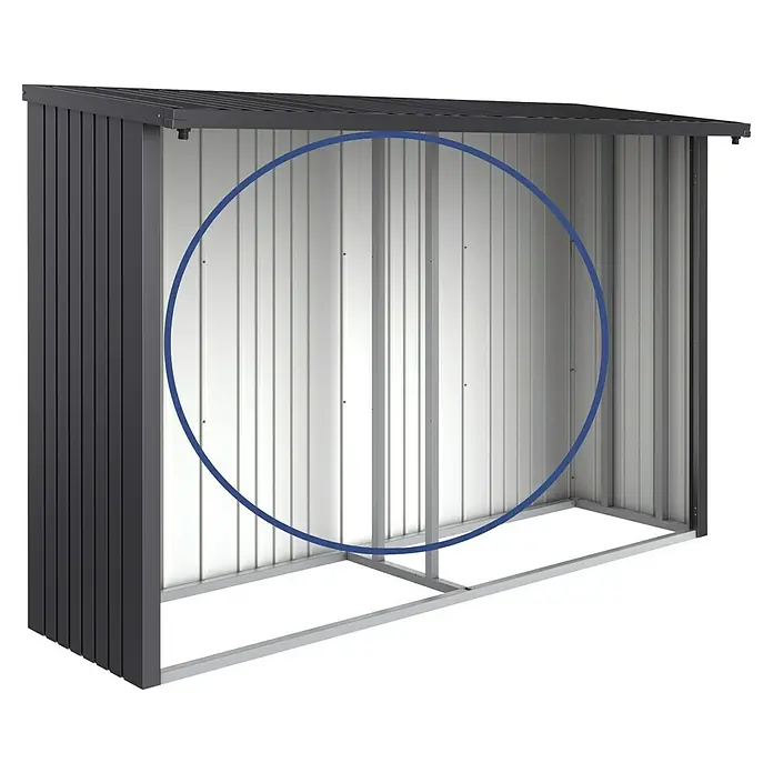 Biohort WoodStock Rückwand - B x H: 1.965 x 11 mm, Stahl, Dunkelgrau Metallic - Ein geräumiger Geräteschuppen mit Metallstruktur und guter Belüftung, ideal für die Aufbewahrung im Außenbereich.