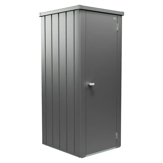 Biohort Julia Geräteschrank - Außenbreite inkl. Dachüberstand: 78 cm, Außentiefe inkl. Dachüberstand: 87 cm, Stahl, Quarzgrau Metallic - Abbildung eines anthrazitfarbenen Metall-Geräteschranks mit einer Tür und vertikalen Rillen an der Seite, ideal für die Aufbewahrung im Freien.