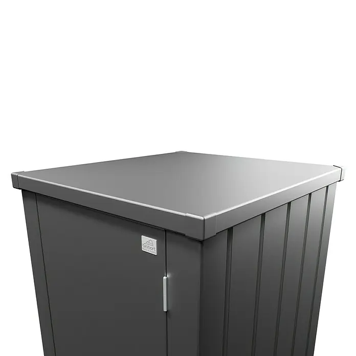 Biohort Julia Geräteschrank - Außenbreite inkl. Dachüberstand: 78 cm, Außentiefe inkl. Dachüberstand: 57 cm, Stahl, Dunkelgrau Metallic - Abbildung eines Biohort Geräteschuppens in Anthrazit. Solide Konstruktion für den Garten oder die Terrasse.