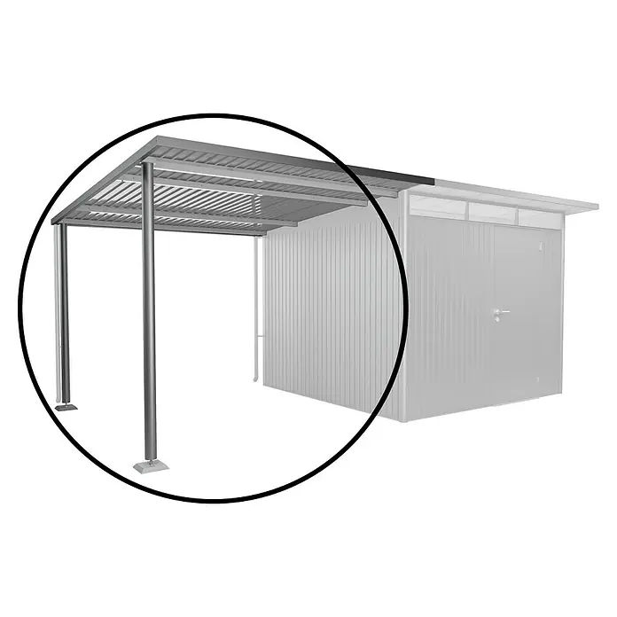 Biohort AvantGarde Seitendach - Passend für: Biohort AvantGarde Gerätehaus A3, A7, L x B x H: 300 x 243 x 218 cm, Quarzgrau-Metallic, Stahl - Eine Nahaufnahme eines Metallcarports mit einem angrenzenden Garagengebäude, das die robuste Konstruktion und die wetterfeste Bauweise hervorhebt.