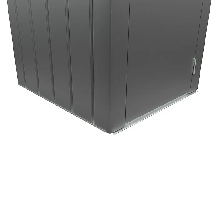 Biohort Julia Geräteschrank - Außenbreite inkl. Dachüberstand: 78 cm, Außentiefe inkl. Dachüberstand: 87 cm, Stahl, Quarzgrau Metallic - Nahaufnahme eines grauen Metallschranks, der die robuste Bauweise und die klaren Linien des Produkts hervorhebt.