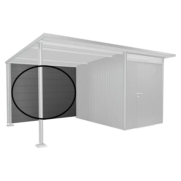 Biohort AvantGarde Rückwand - Passend für: Biohort AvantGarde Seitendach, Quarzgrau-Metallic - Seitenwand eines Gerätehauses, dargestellt durch horizontale Holzpaneele, bietet eine solide und schützende Struktur.