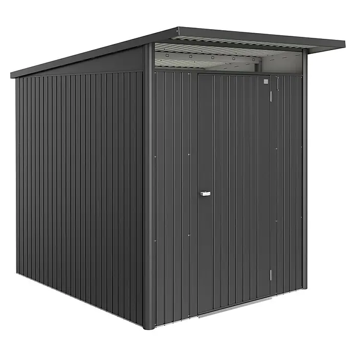 Biohort AvantGarde Gerätehaus - Außenmaß inkl. Dachüberstand (B x T): 180 x 260 cm, Dunkelgrau Metallic, Einzeltür, Stahl - Abbildung eines modernen Geräteschuppens aus Metall mit praktischem Vordach für zusätzlichen Stauraum und Wetterschutz.