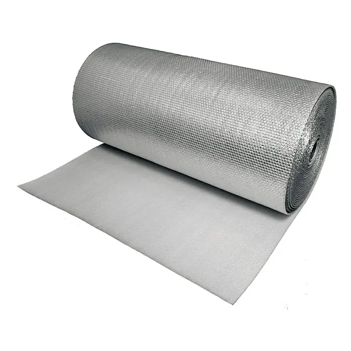 Bur2000 Aislamiento reflexivo Termoreflex S-YC - 30 x 1,2 m, 36 m² - Primer plano de un rollo de lámina aislante reflectante, parcialmente desenrollado, que muestra la capa de espuma subyacente.