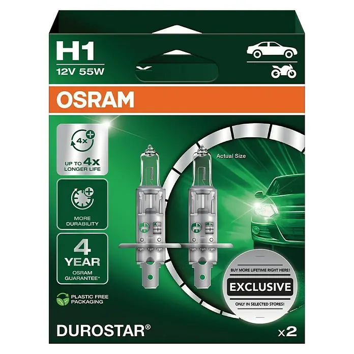 Osram Hauptscheinwerfer-Lampen - H1, 2 Stk. - Produktbild einer OSRAM DUROSTAR® H1 12V 55W Halogenlampe, die eine bis zu 4-fach längere Lebensdauer und mehr Haltbarkeit bietet.