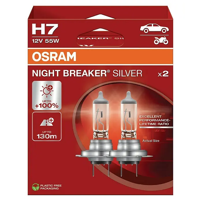 Osram Scheinwerferlampe - 12 V, 2 Stk., H7 - Produktverpackung der Osram Night Breaker Silver H7 Autolampen mit bis zu 100% mehr Licht und 130m Reichweite.