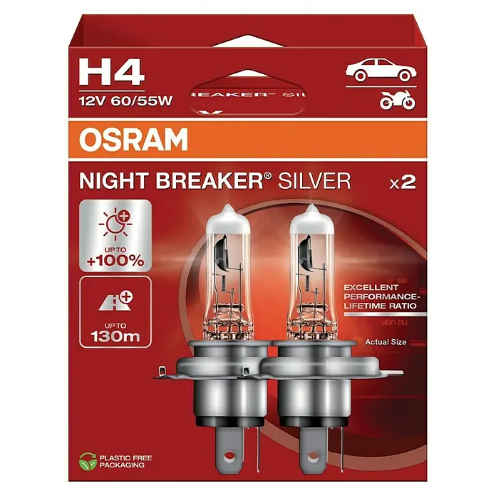 Osram Scheinwerferlampe - 12 V, 2 Stk. - Eine Verpackung mit zwei OSRAM Night Breaker Silver H4 Halogenlampen für Autos und Motorräder.