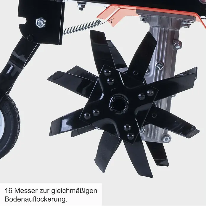 Scheppach Benzinmotorhacke MTP370 - 2,6 kW - Detailaufnahme der Bodenhacke mit 16 Messern zur gleichmäßigen Bodenauflockerung. Perfekt für jeden Garten.