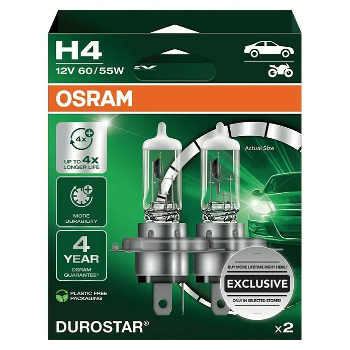 Osram Hauptscheinwerfer-Lampen - H4, 2 Stk. - OSRAM DUROSTAR H4-Doppelpackung mit 12V 60/55W für längere Lebensdauer und verbesserte Haltbarkeit, ideal für Auto- und Motorradfahrer.