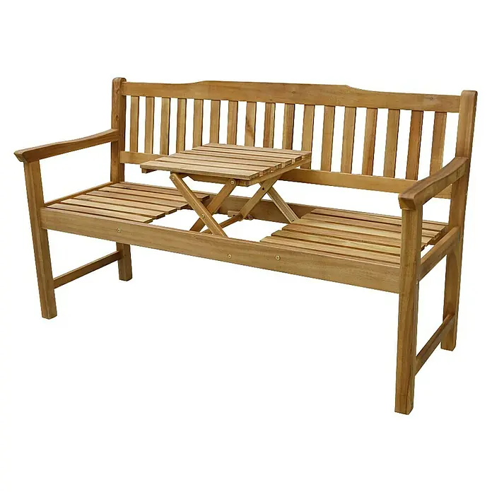 Westerholt Gartenbank Malmö - B x T x H: 160 x 56,5 x 87,5 cm, Akazie, Braun - Bild einer Holzbank mit integriertem Tisch. Ideal für den Garten, bietet sie Platz zum Entspannen und Abstellen von Getränken.