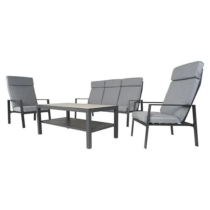Sunfun Conjunto de muebles Tonini - 4 pzs., Aluminio/Poliéster, Antracita - Elegante conjunto de salón con dos sillones, un sofá y una mesa. Los cojines grises y el diseño moderno son perfectos para relajarse al aire libre.