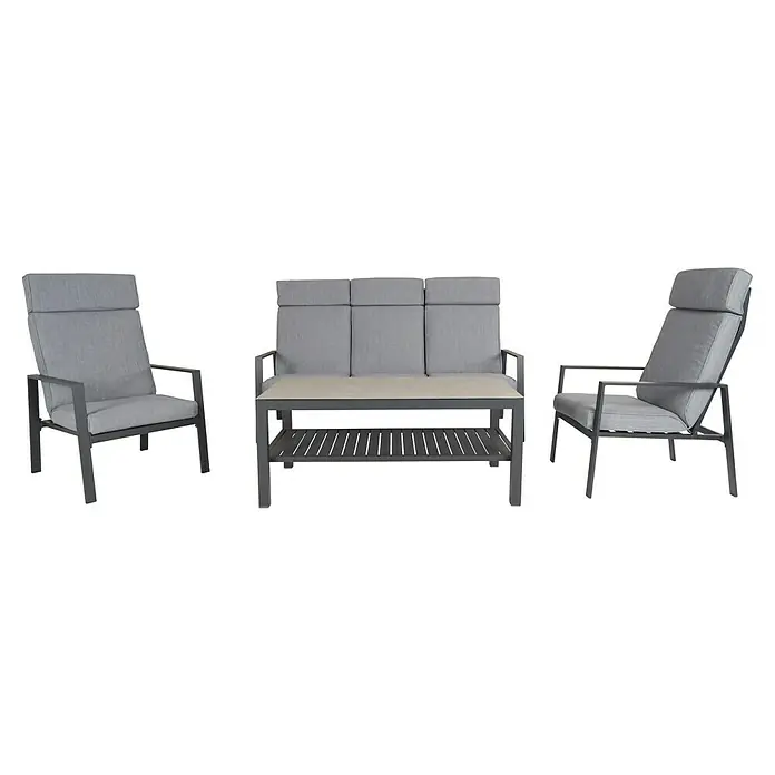 Sunfun Conjunto de muebles Tonini - 4 pzs., Aluminio/Poliéster, Antracita - Elegante mobiliario de patio gris: dos sillones flanquean un sofá con mesa, perfecto para relajarse al aire libre.
