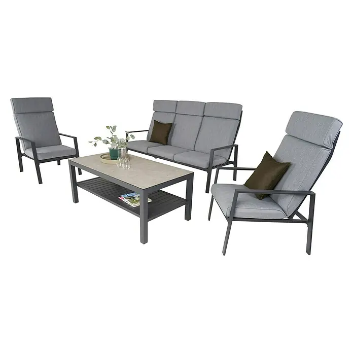 Sunfun Conjunto de muebles Tonini - 4 pzs., Aluminio/Poliéster, Antracita - Lujoso conjunto de muebles de jardín con sofá, sillones y mesa de centro. Los cojines grises y el diseño moderno invitan a relajarse al aire libre.