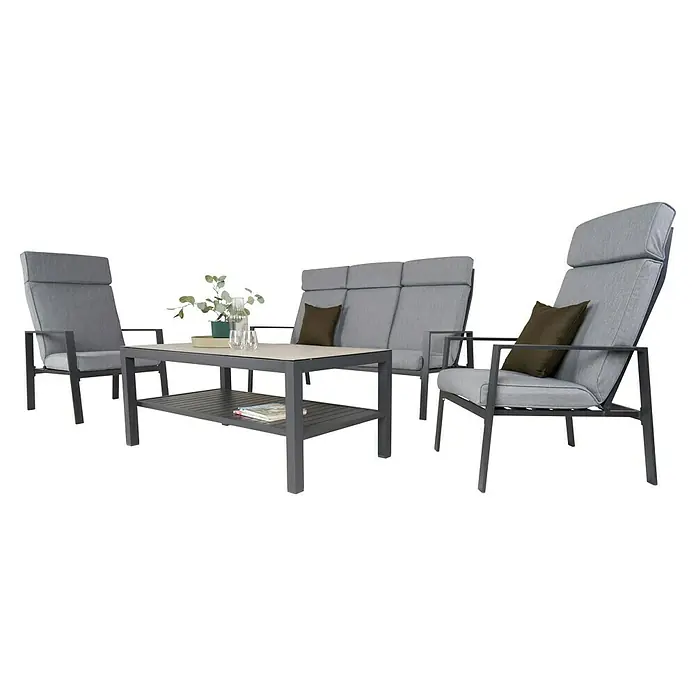 Sunfun Conjunto de muebles Tonini - 4 pzs., Aluminio/Poliéster, Antracita - Un conjunto de salón de exterior gris con sofá, sillones y mesa de centro, que ofrece comodidad y estilo para tu espacio exterior.