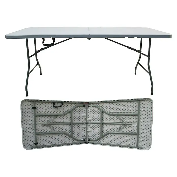 Westerholt Campingtisch - L x B x H: 75 x 180 x 74 cm, Metall, Kunststoff, Weiß, Klappbar - Bild eines Klapptisches in voller Größe und zusammengeklappt, der ein vielseitiges Möbelstück für verschiedene Zwecke darstellt.