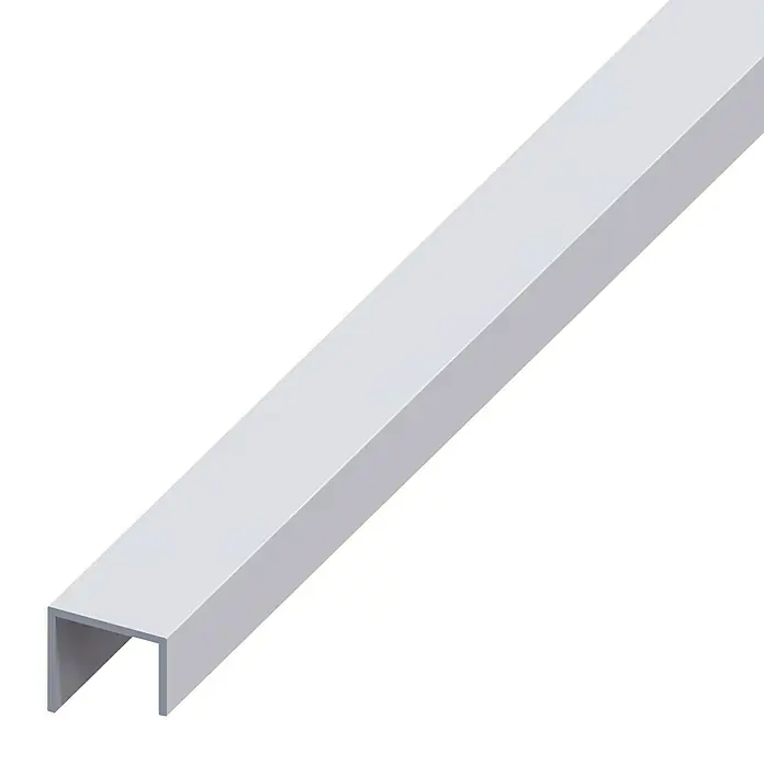 Kantoflex Griffprofil - 1.000 x 22 x 20 mm, Stärke: 1,5 mm - Nahaufnahme eines U-förmigen, weißen Aluminiumprofils, das für Bau- und Konstruktionsanwendungen geeignet ist. Das Metallprofil ist ideal für eine Vielzahl von Projekten.