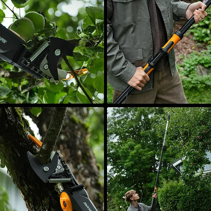 Fiskars X-series Teleskop-Schneidgiraffe DualAction UPX96 - Länge: 243,9 cm, Kunststoff - Vierfach-Ansicht einer Fiskars-Baumsäge in Aktion, die Äste schneidet und dem Anwender beim Beschneiden von Bäumen hilft.