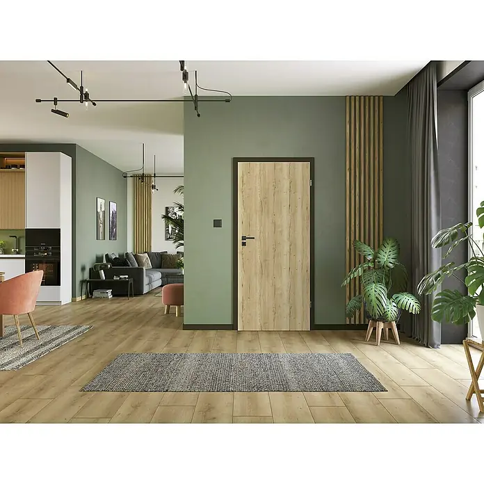 Classen PL Türzarge - 985 x 1.985 mm, Wandstärke: 75 mm, DIN Anschlag: Rechts, Uni Schwarz - Eine Holztür mit einem dunklen Türrahmen und einem schwarzen Türgriff in einem modern eingerichteten Wohnzimmer mit Pflanzen und einem Teppich.