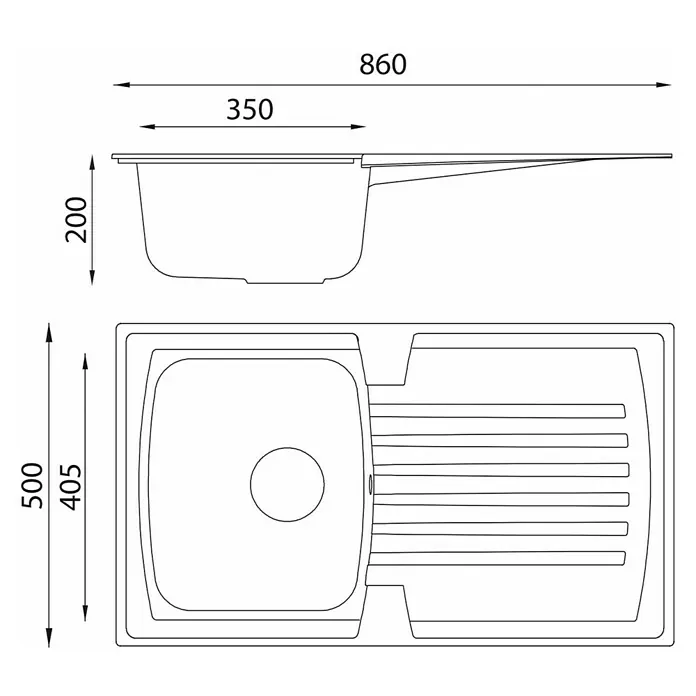 Respekta Einbauspüle Boston - 86 x 50 cm, Weiß - Schemazeichnung einer Spüle mit Abtropffläche, Maße 860x500mm, Becken 350x405mm, Tiefe 200mm. Perfekt für jede Küche.