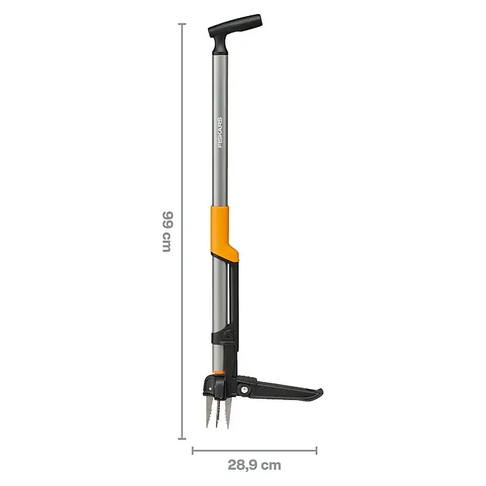Fiskars Unkrautstecher - Länge: 106,2 cm - Abbildung eines Fiskars Unkrautstechers mit den Gesamtmaßen (Höhe und Breite) des Artikels. Das Produkt ist grau und orange.