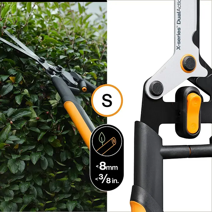 Fiskars X-series Hand-Heckenschere DualAction HSX96 - Länge: 62,7 cm, orange, schwarz, metallic - Detailaufnahme einer Fiskars X-series DualAction Heckenschere, ideal zum Schneiden von Ästen bis 8mm Stärke.