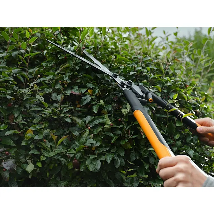 Fiskars X-series Hand-Heckenschere DualAction HSX96 - Länge: 62,7 cm, orange, schwarz, metallic - Nahaufnahme einer Person, die mit einer Heckenschere eine grüne Hecke schneidet, wobei die orangefarbenen Griffe der Schere gut sichtbar sind.