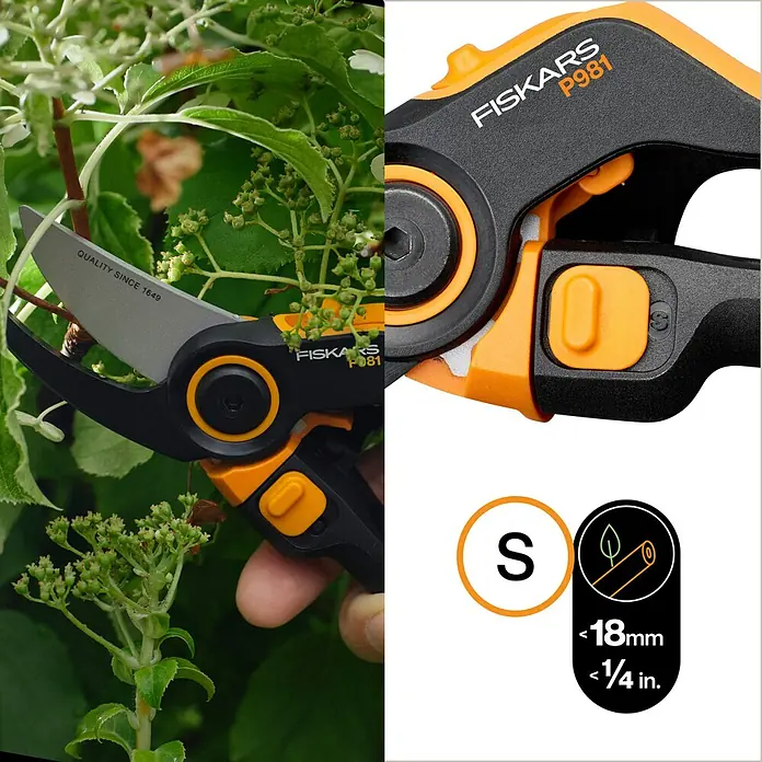 Fiskars X-series Gartenschere DualAction P981 - Bypass, Max. Aststärke: 26 mm - Nahaufnahme einer Fiskars P981 Gartenschere, die ihre Präzision beim Beschneiden von Pflanzen zeigt.