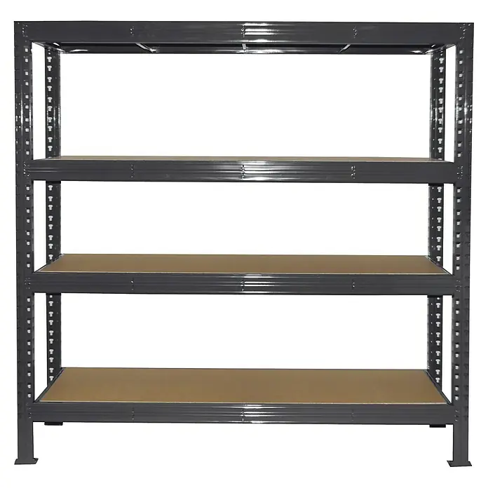 Schwerlastregal Super Heavy - H x B x T: 200 x 200 x 60 cm, Traglast pro Boden: 1.000 kg, Anzahl Böden: 4 Stk., Stecken, Blaugrau - Ein graues Metallregal mit vier Regalböden. Das Regal ist stabil und bietet viel Stauraum für verschiedene Gegenstände.