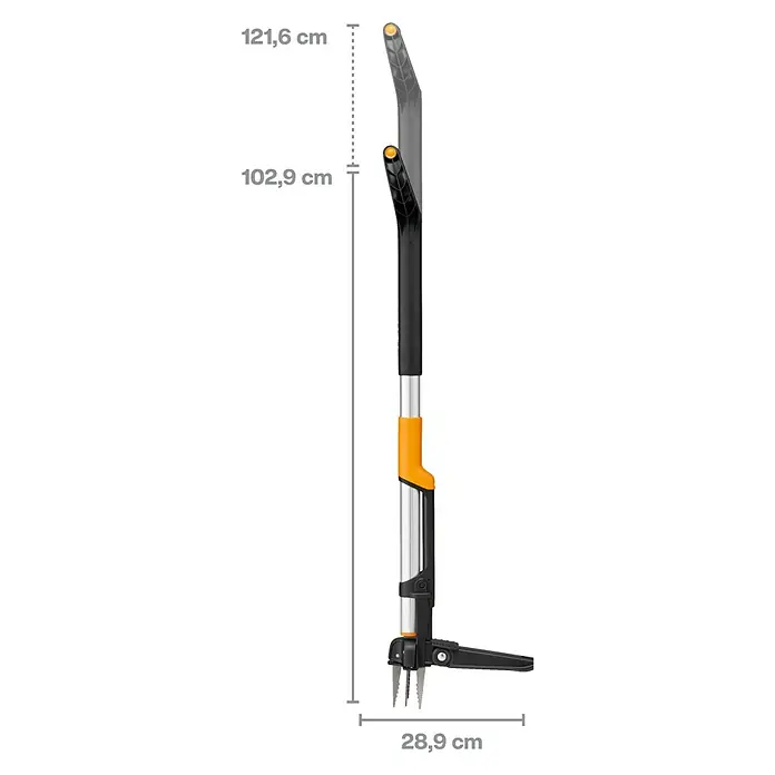 Fiskars X-series Unkrautstecher - Länge: 1.100,7 mm - Abbildung eines Fiskars Baumsneider mit variabler Länge und Schneidewerkzeug für Äste.