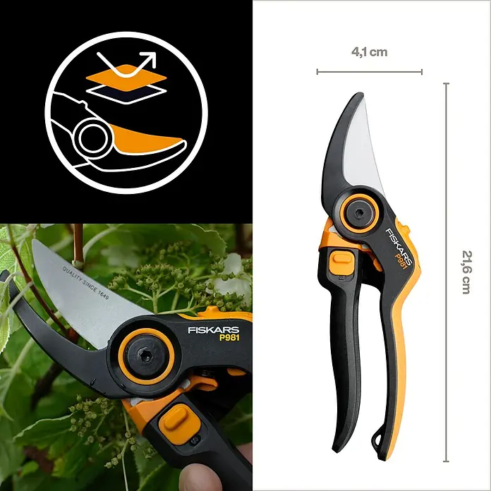 Fiskars X-series Gartenschere DualAction P981 - Bypass, Max. Aststärke: 26 mm - Fiskars P981 Gartenschere mit Bypass-Klinge für saubere Schnitte, ideal für Gartenarbeit. Die Klinge ist 4,1 cm breit und die Schere 21,6 cm lang.