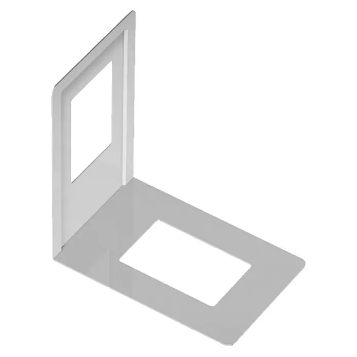 Element System Bücherstütze12 x 13 cm, Weiß, 1 Stk. - Nahaufnahme eines schwebenden, silbernen Bücherregals mit rechteckigen Aussparungen zur Aufbewahrung.
