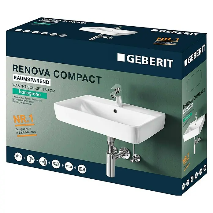 Geberit Renova Compact Waschtisch-Set - 60 x 37 cm, Ohne Spezialglasur, Hahnloch: Mitte, Mit Überlauf, Weiß - Produktverpackung für das Geberit Renova Compact Waschbecken-Set mit Hansgrohe Armatur, platzsparend und komplett mit Zubehör.
