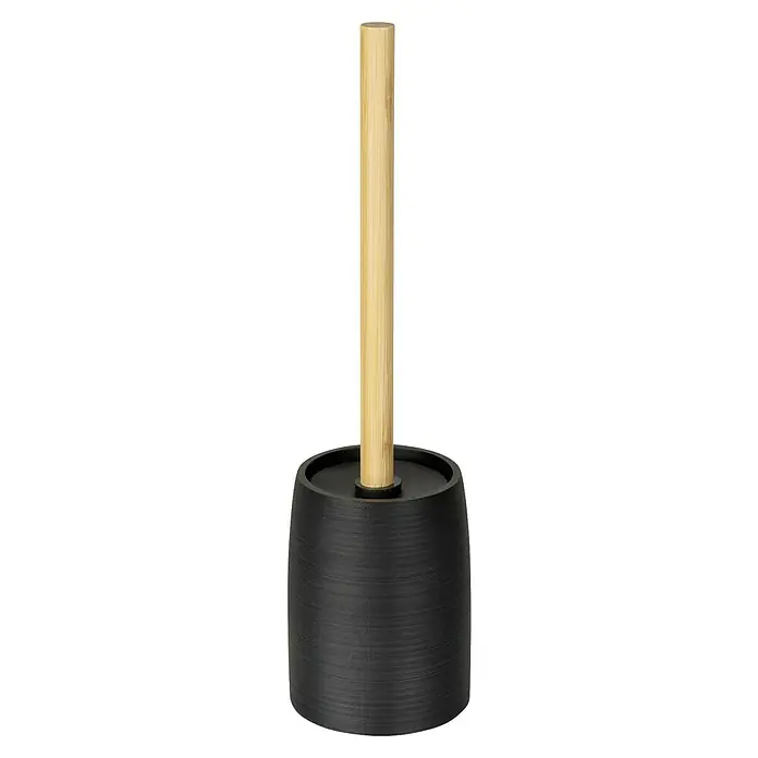 Wenko WC-Bürstengarnitur Altavalle - Polyresin, Schwarz/Natur - Toilettenbürste mit einem schwarzen Behälter und einem Griff aus hellem Holz. Das Produkt ist schlicht und modern gestaltet.