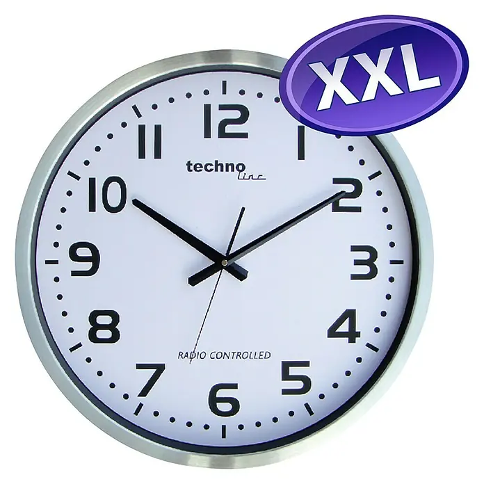 Technoline Funkwanduhr WT 8995 - Analoges Display, Batteriebetrieben, Silber, Weiß, 50 cm - Abbildung einer XXL-Funkuhr von Techno Line mit weißem Zifferblatt und silberfarbenem Rahmen, die Funktionalität und modernes Design vereint.